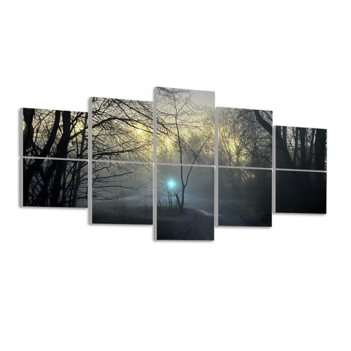 A row of ten panels depicting a foggy forest at first light. Dark, skeletal tree branches arc across the top half against a pale yellow sky. A single teal orb glows above a meandering path in the center panel. Soft mist blurs the undergrowth in the lower panels. All panels are shown against a clean white background