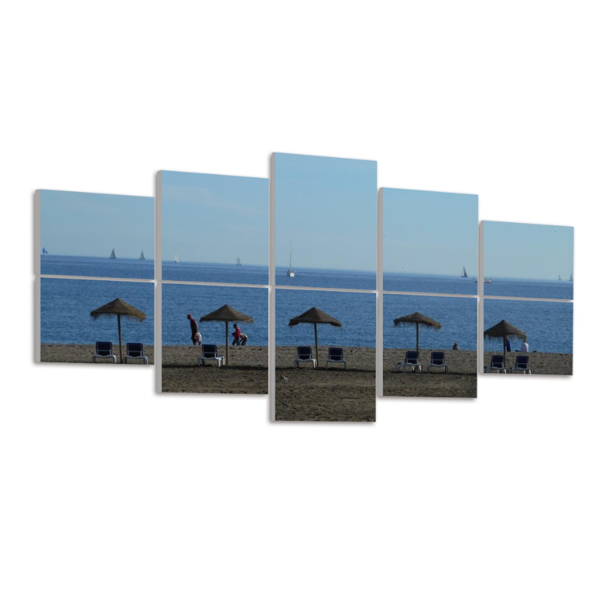 angled view of 10 panels displaying a sunny Málaga beach scene on stark white background