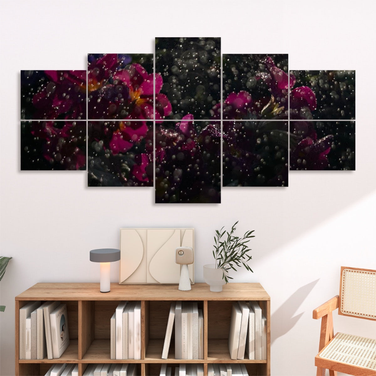 Interior mockup of the full color panels mounted above a wooden shelf, lit from the side