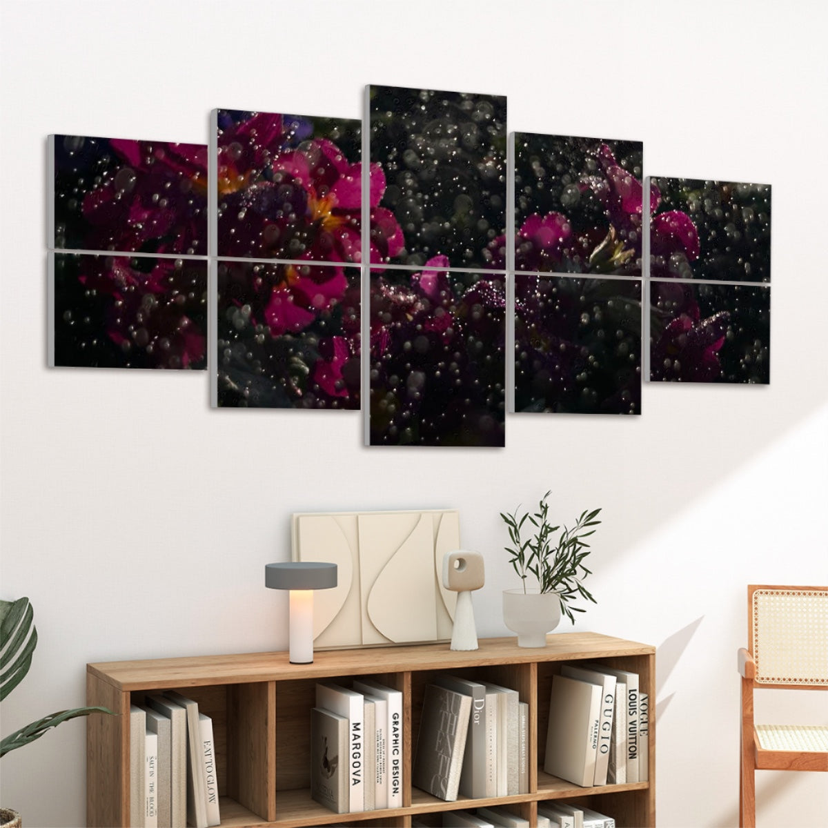 Left angle view of the panels, highlighting depth and texture of the dark floral composition