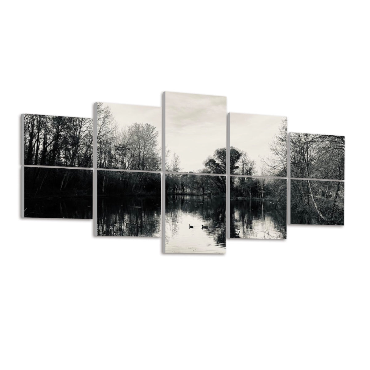 Left-angled view of 10 full color acoustic panels showing a quiet lake, reflected trees, and soft light.