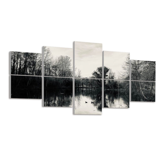 Left-angled view of 10 full color acoustic panels showing a quiet lake, reflected trees, and soft light.