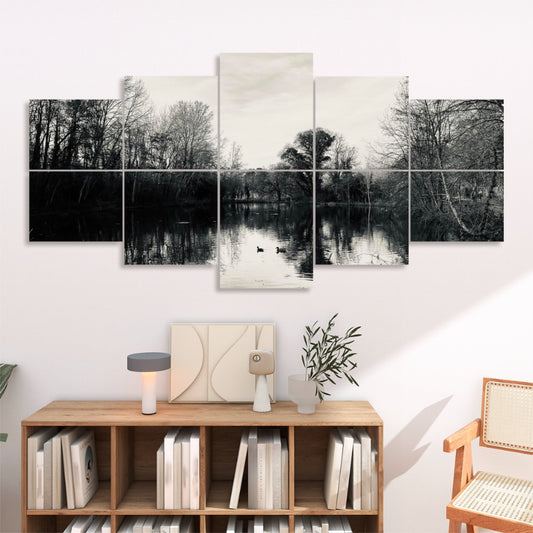 Calm pond surrounded by bare trees under a pale sky with two ducks gliding, displayed in full color across 10 decorative sound absorbing wall panels.