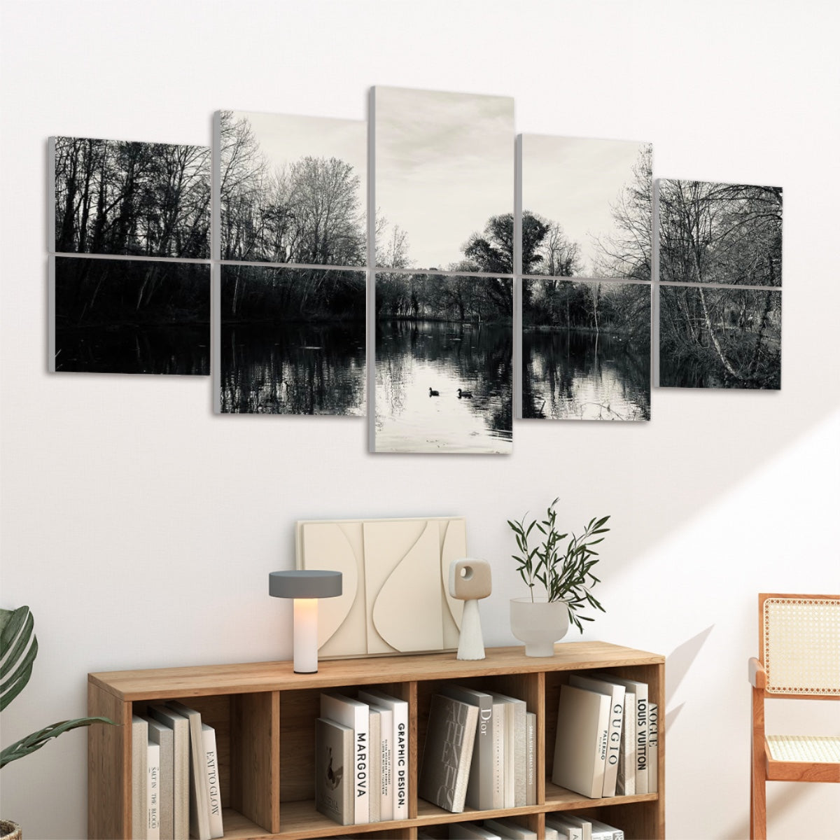 Left-angled view of 10 full color acoustic panels showing a quiet lake, reflected trees, and soft light.