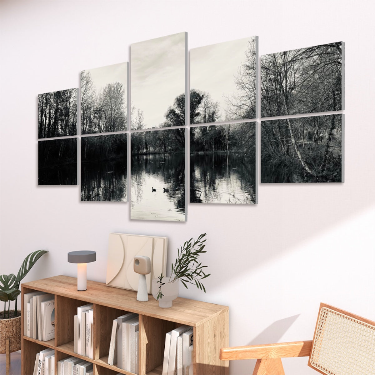 Right-angled view of full color decorative panels featuring still water, ducks, and bare forest in late-season light.