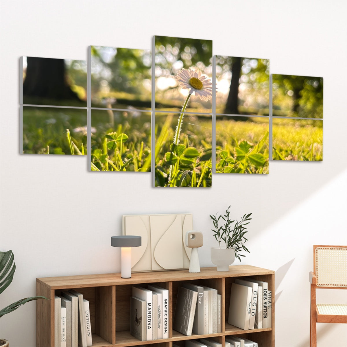 Left-angled view of full color acoustic panels featuring a single daisy in sunlight surrounded by soft green foliage.