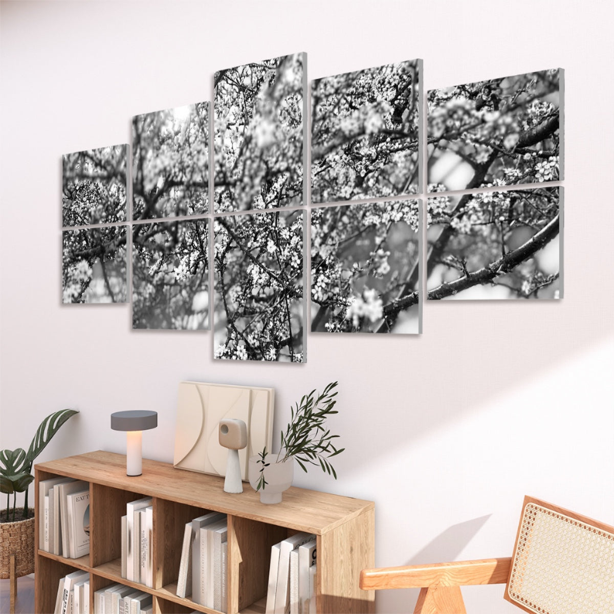 Right-angled perspective showing grayscale flowering branches across 10 decorative sound absorbing wall panels.