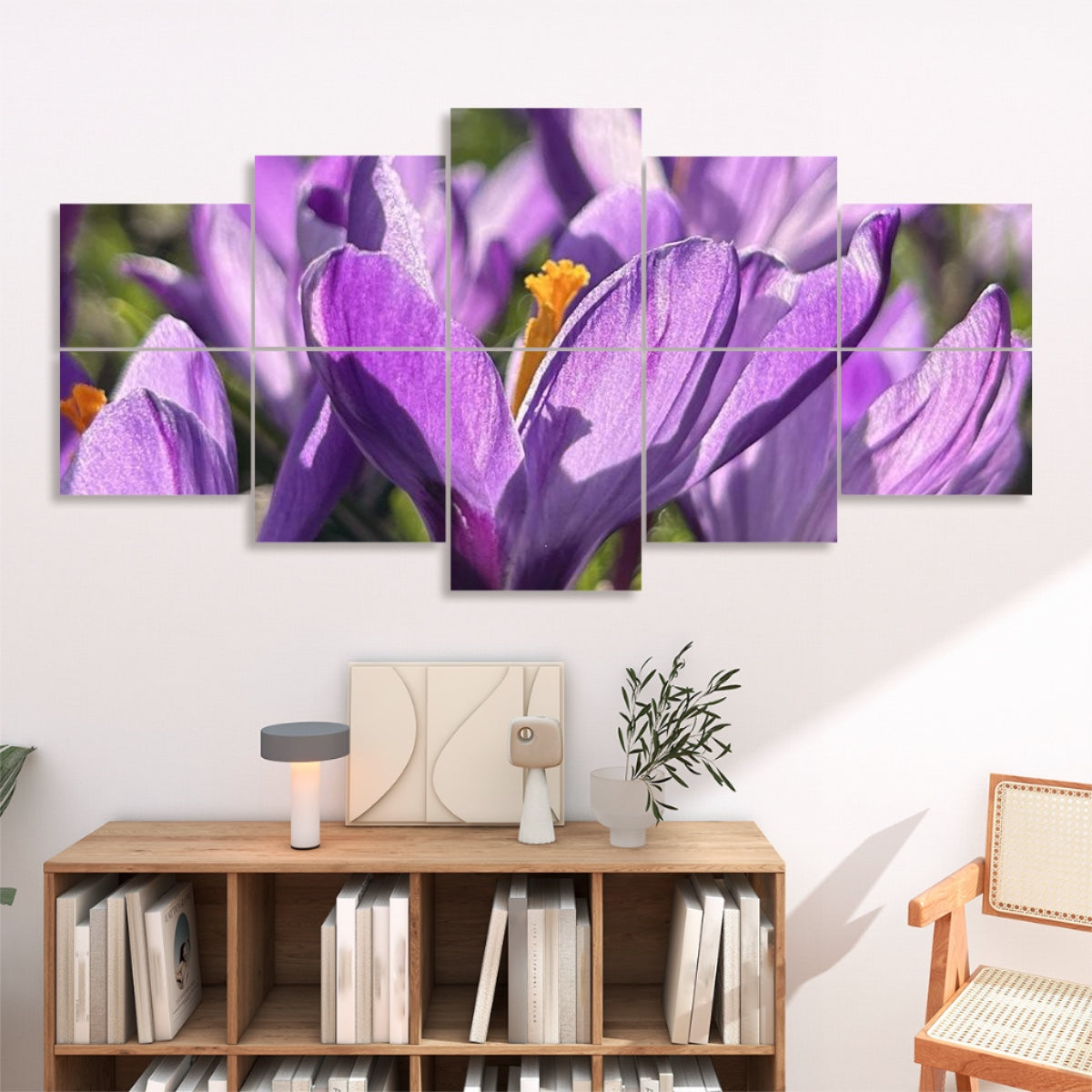 Close-up of blooming purple crocuses with yellow centers, arranged in full color across 10 floral decorative sound absorbing wall panels.