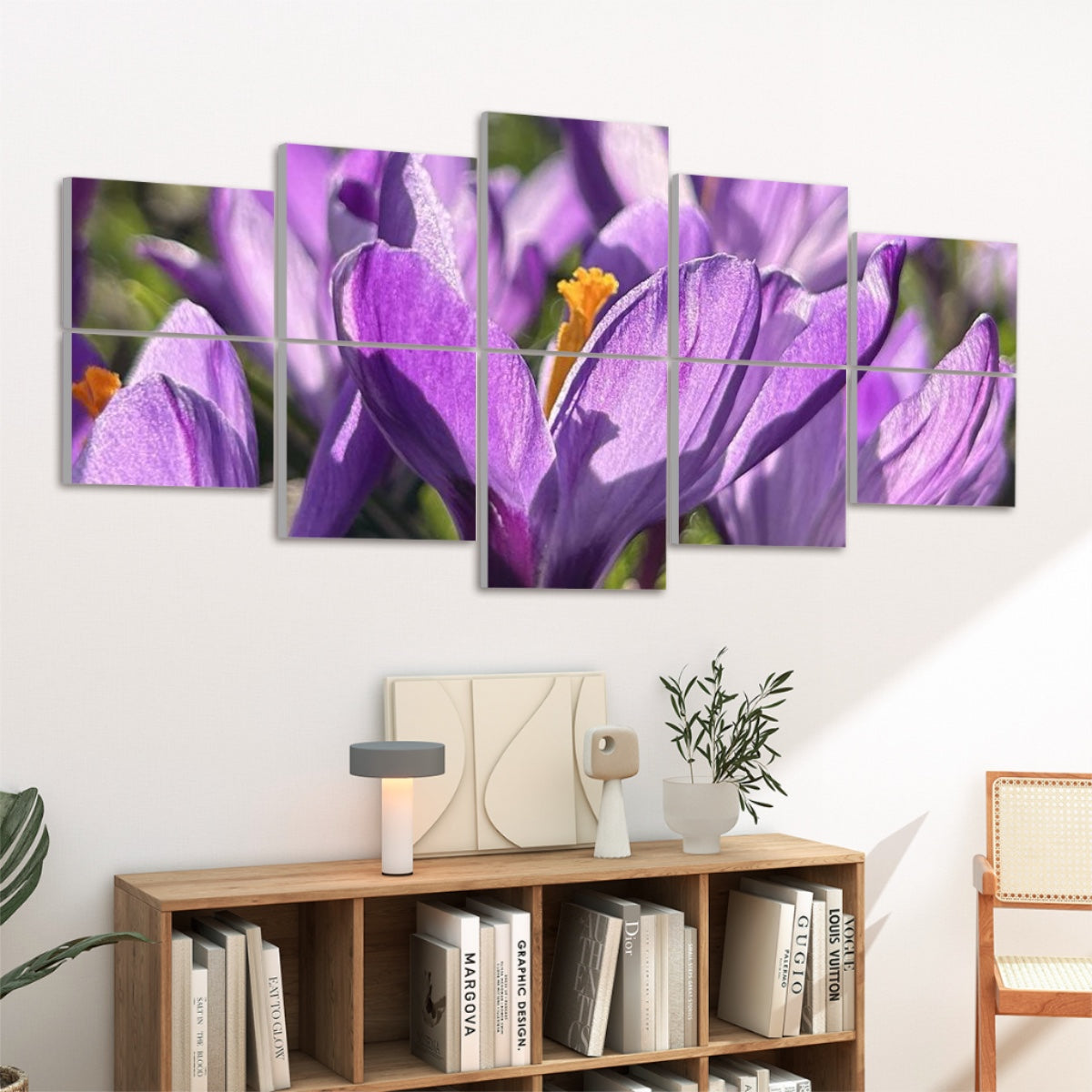 Left-angled view of 10 full color acoustic panels showing rich purple petals and yellow flower centers in bright natural light.