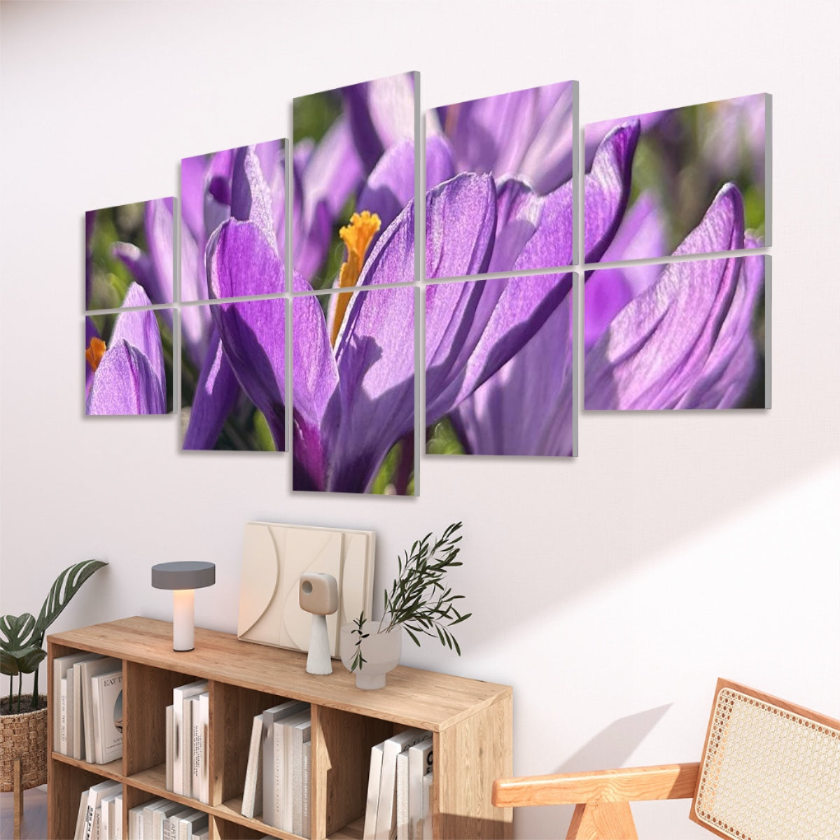 Right-angled perspective of floral wall panels featuring vibrant crocuses with green and yellow detail in full color.