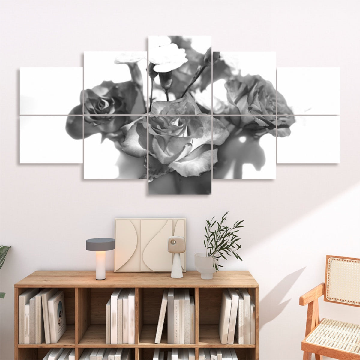 Grayscale close-up of softly lit roses displayed across 10 floral decorative sound absorbing wall panels.