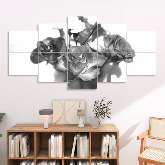 Grayscale close-up of softly lit roses displayed across 10 floral decorative sound absorbing wall panels.