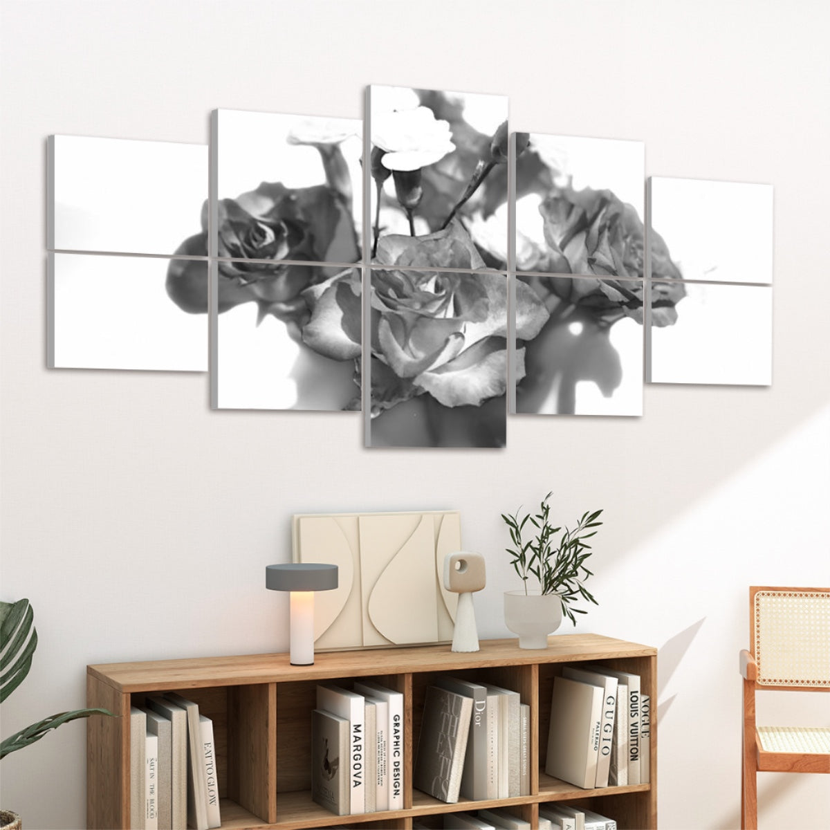 Left-angled view of grayscale acoustic panels featuring delicate rose petals and soft light.