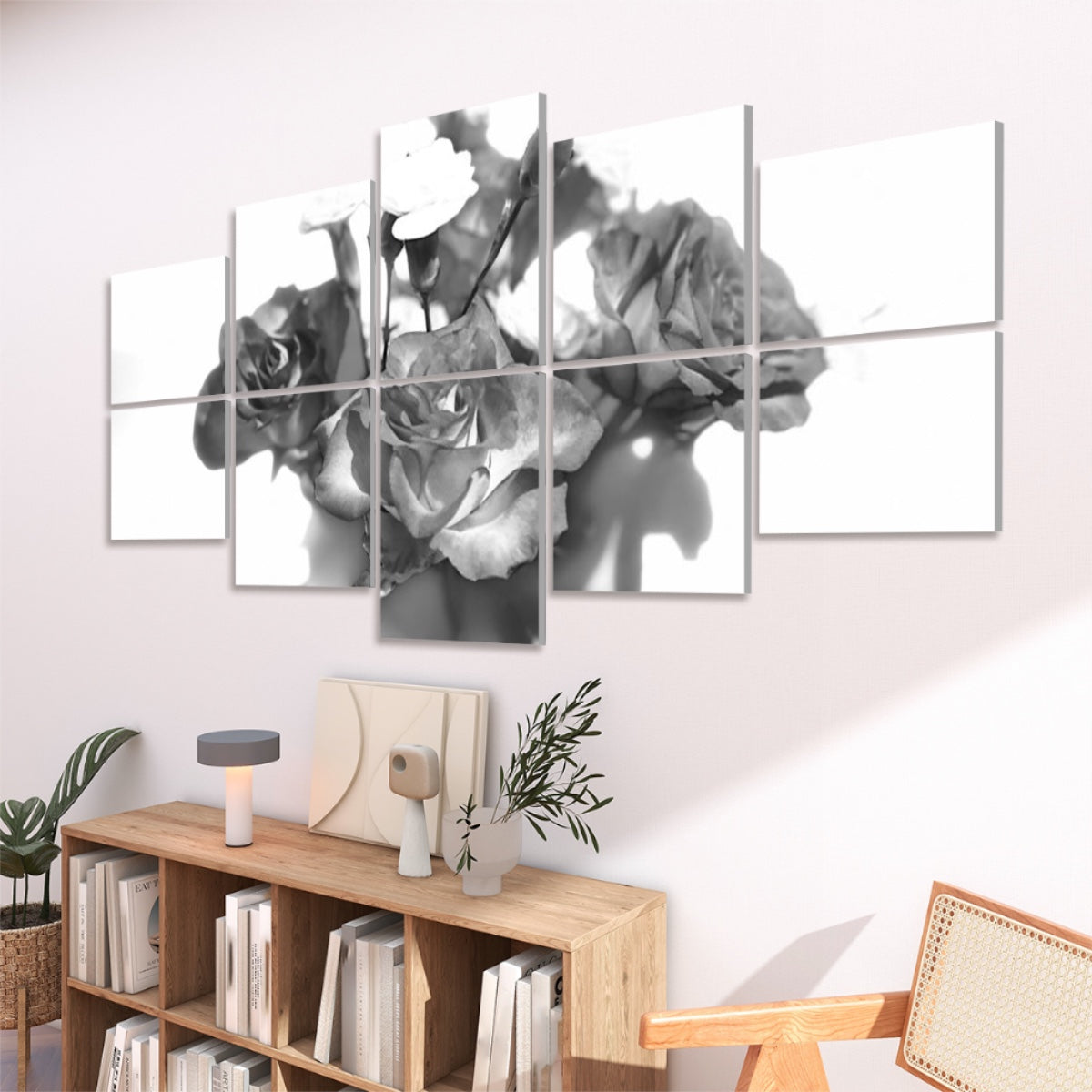 Right-angled view of 10 floral sound absorbing panels showing tonal rose forms in soft grayscale.