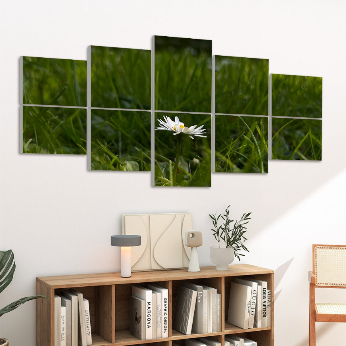 left side view, Ten panels in a 2×5 grid reveal a daisy and grass in natural green and white hues on a white wall
