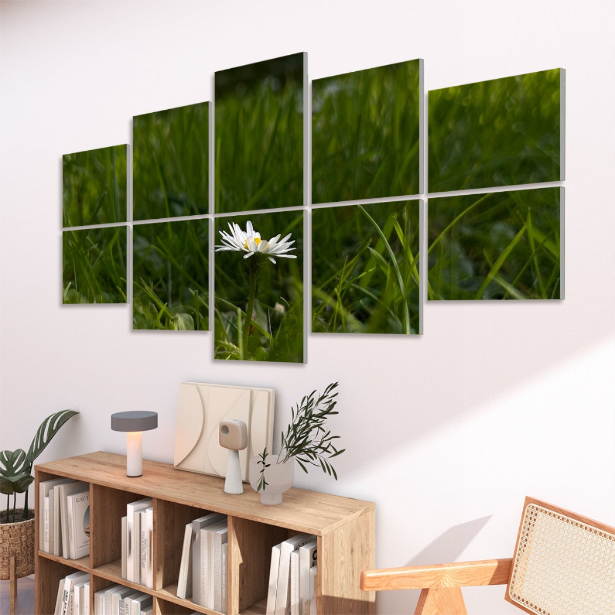 right side view, Ten panels in a 2×5 grid reveal a daisy and grass in natural green and white hues on a white wall
