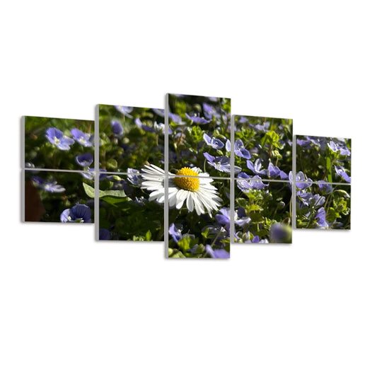 Left-angled view of full color acoustic panels featuring a daisy and purple blooms under sunlight.