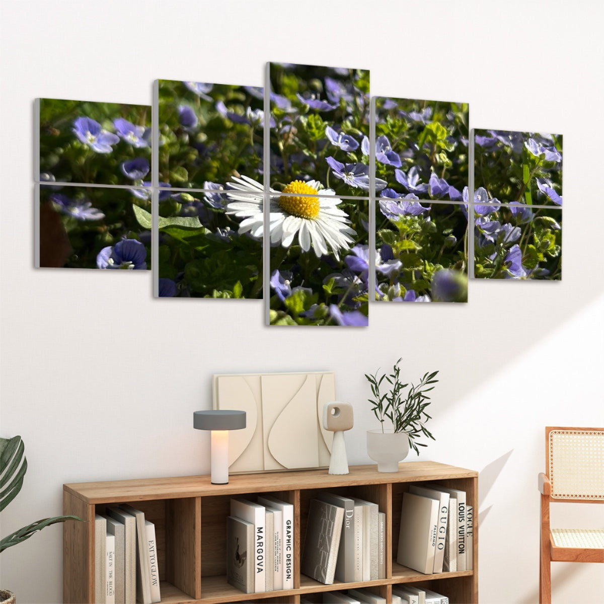 Left-angled view of full color acoustic panels featuring a daisy and purple blooms under sunlight.