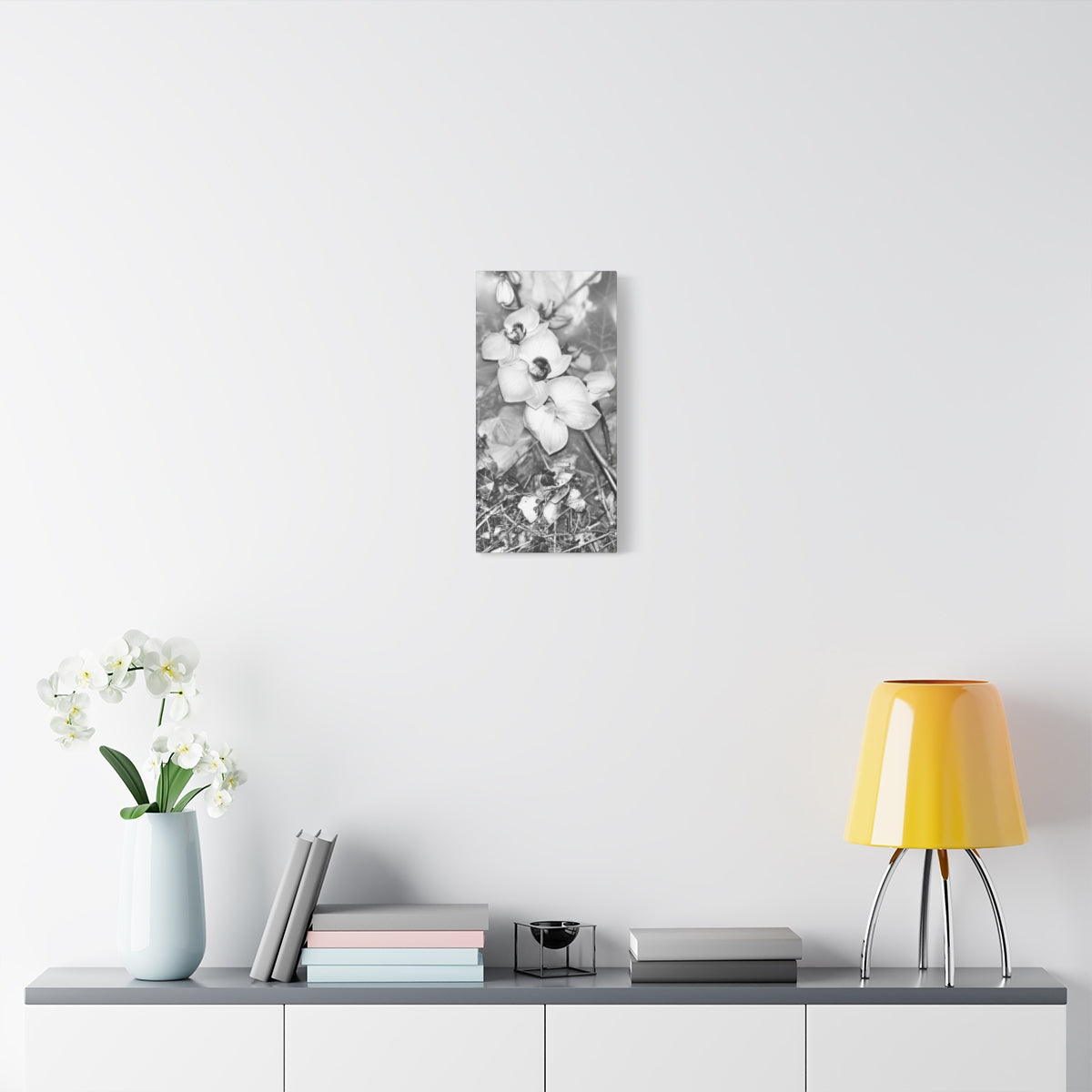 black and white canvas featuring close up of orchids, vertical, size: 10''x20''