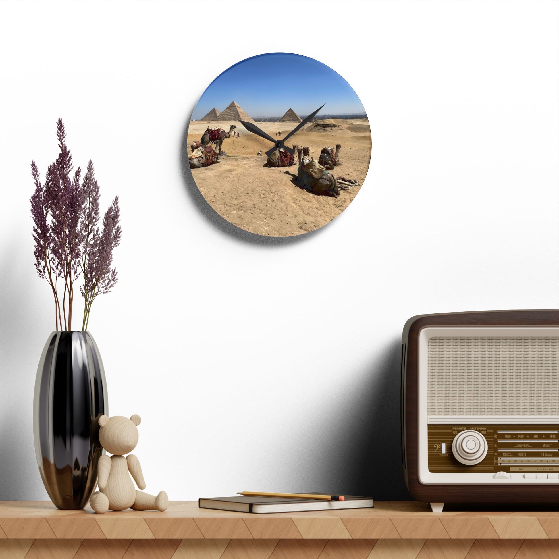 Acrylic wall clock featuring camels desert and pyramids of Giza