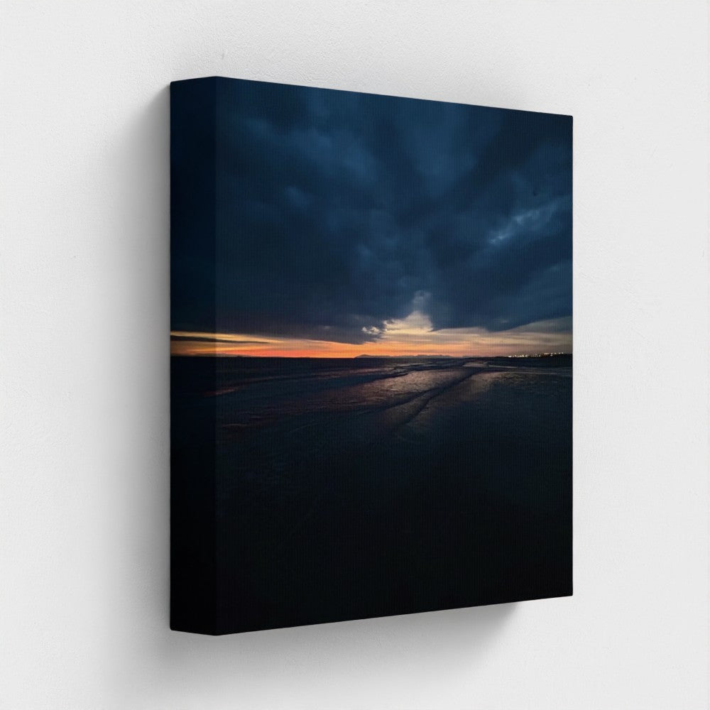 Eco Canvas Print Blackpool Beach Sunset, fiery orange sunset reflected in wet sand