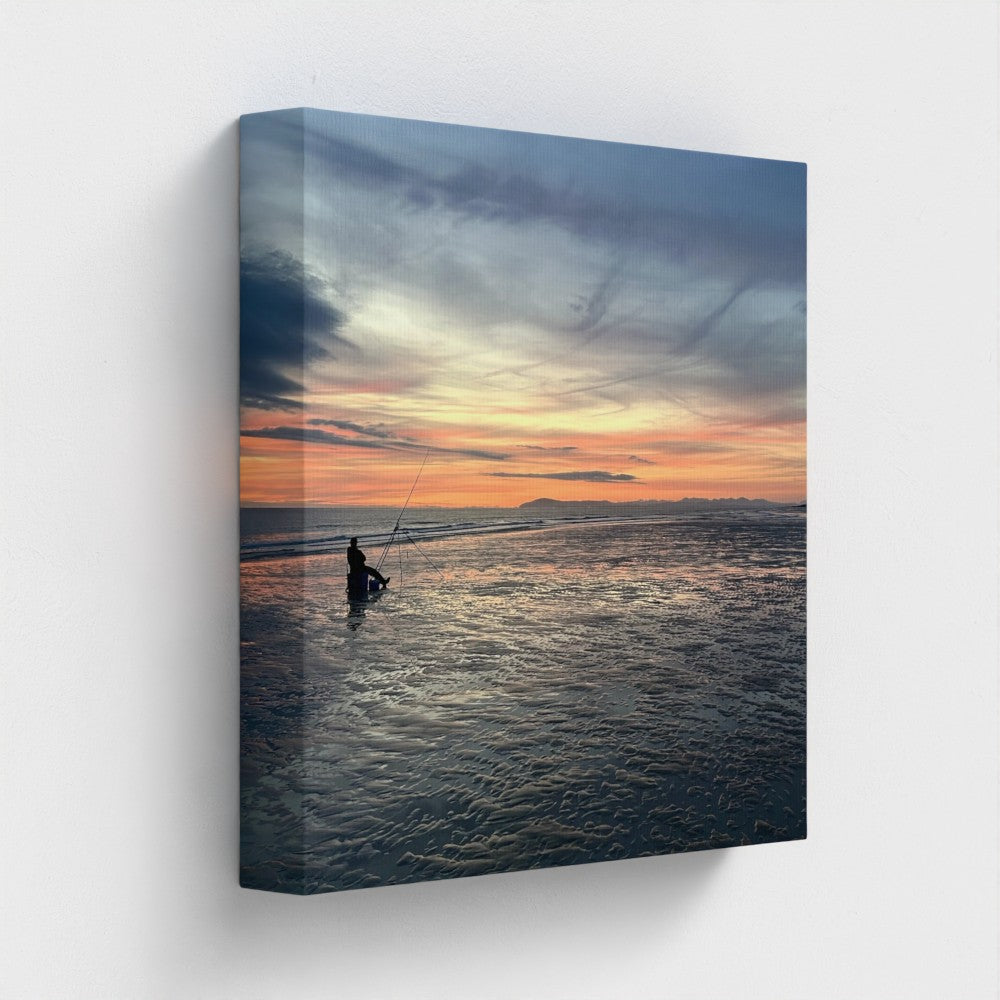 Green Wall Art Blackpool Beach Red Sunset: red and violet horizon reflecting on rippled sand with fisherman