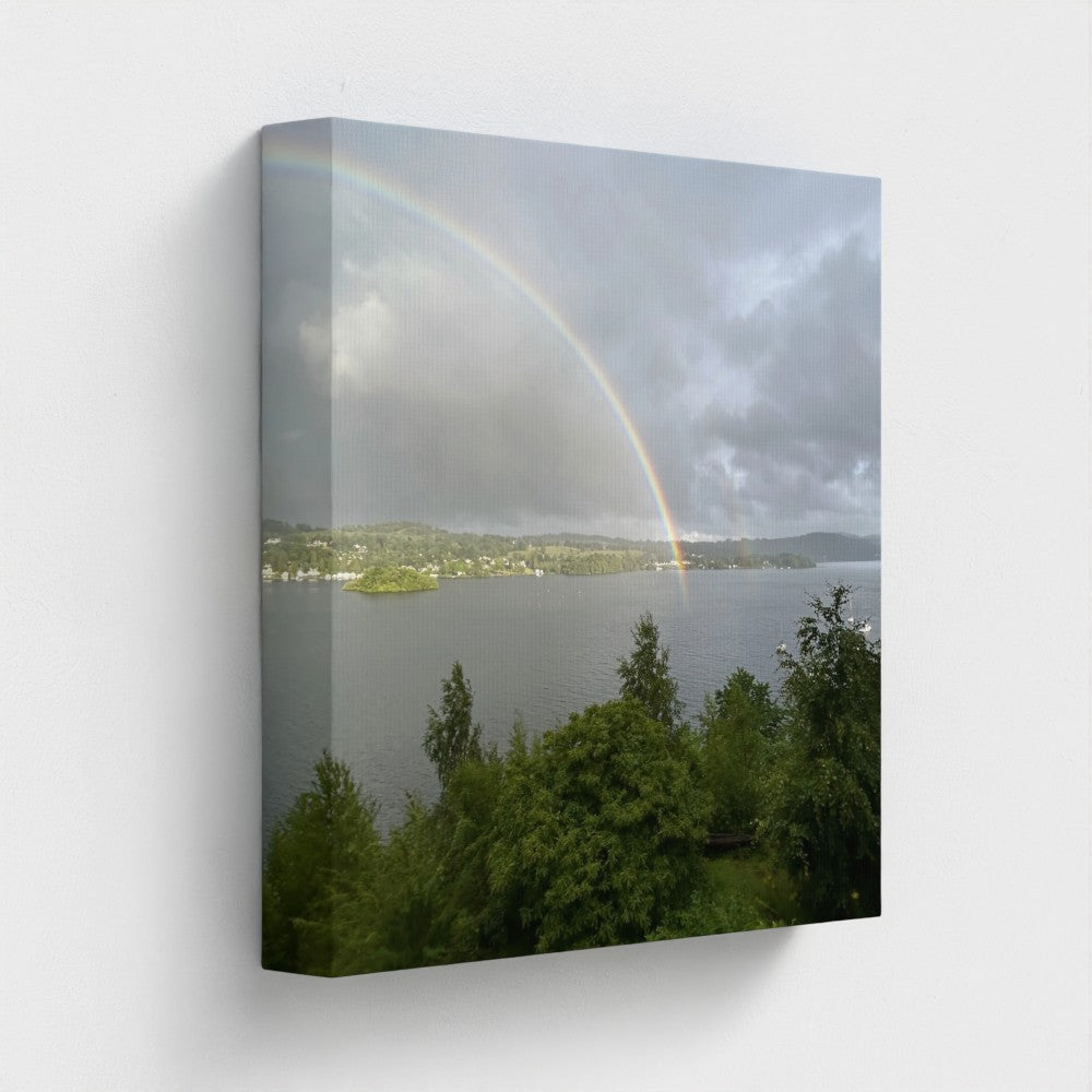 Windermere Rainbow Recycled Wall Art Lake District Landscape square composition highlighting the luminous right leg of the rainbow