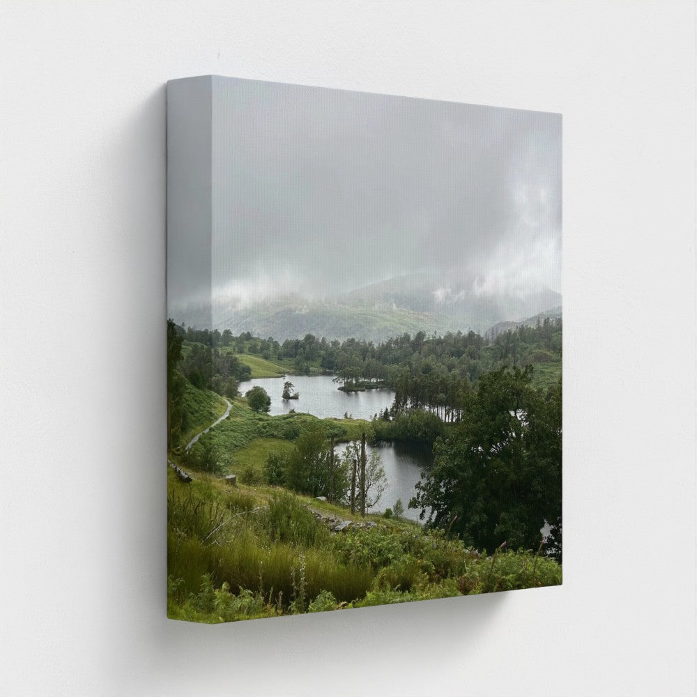 Recycled Canvas Wall Art Tarn Hows Lake District Landscape square composition highlighting central islet and surrounding bracken after rain.