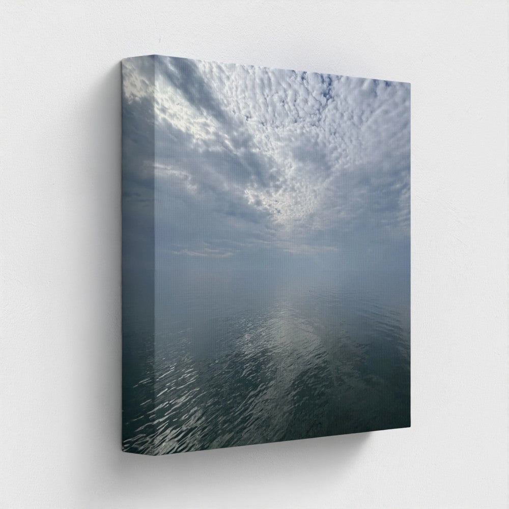 Eco-friendly canvas print of Blackpool seascape with layered clouds, calm water reflections, and a distant pier under a quiet sky, size: 12''x12''