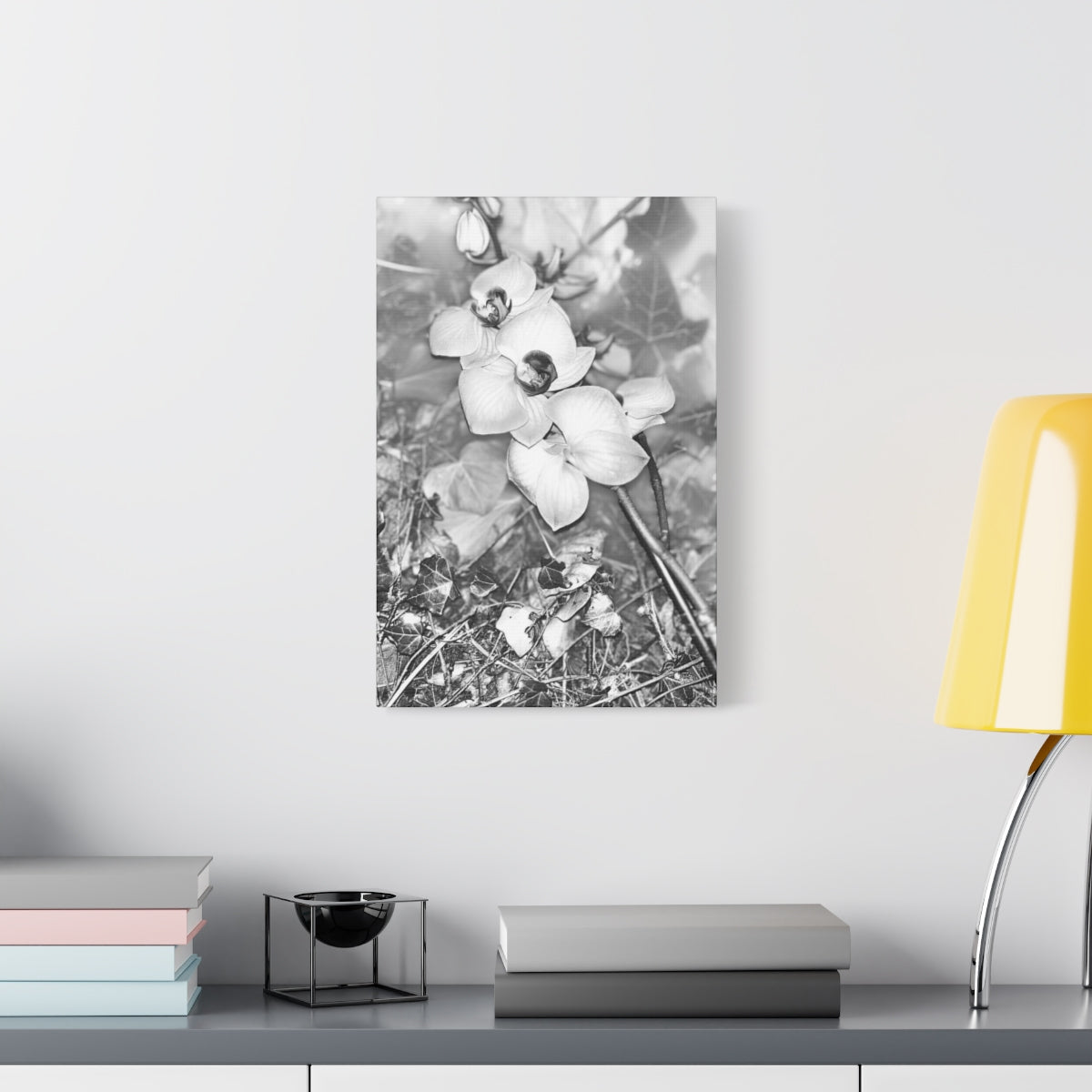 black and white canvas featuring close up of orchids, vertical, size: 12''x18''