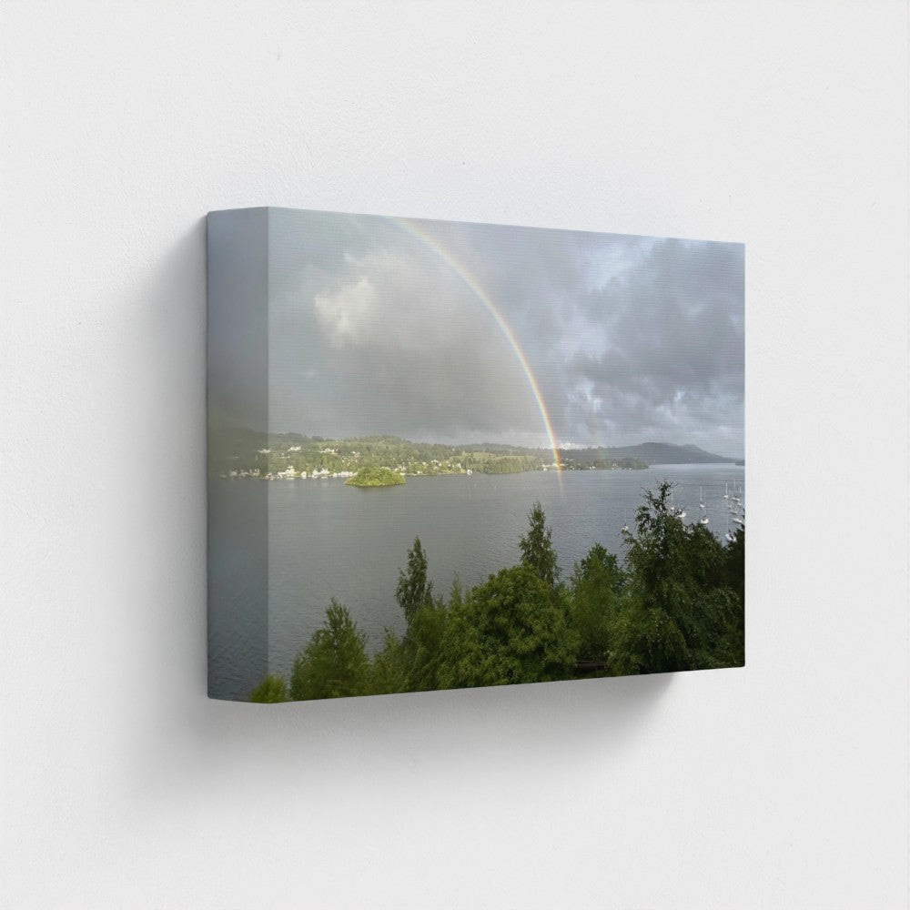 Windermere Rainbow Recycled Wall Art Lake District Landscape in a wide rectangular crop with the arc sweeping left to right over