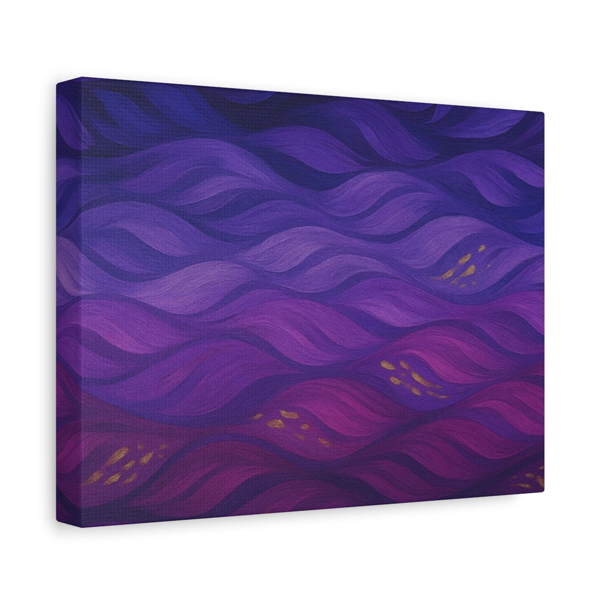 left view Abstract canvas artwork with fluid plum and violet waves, accented by soft golden highlights and layered with tonal depth