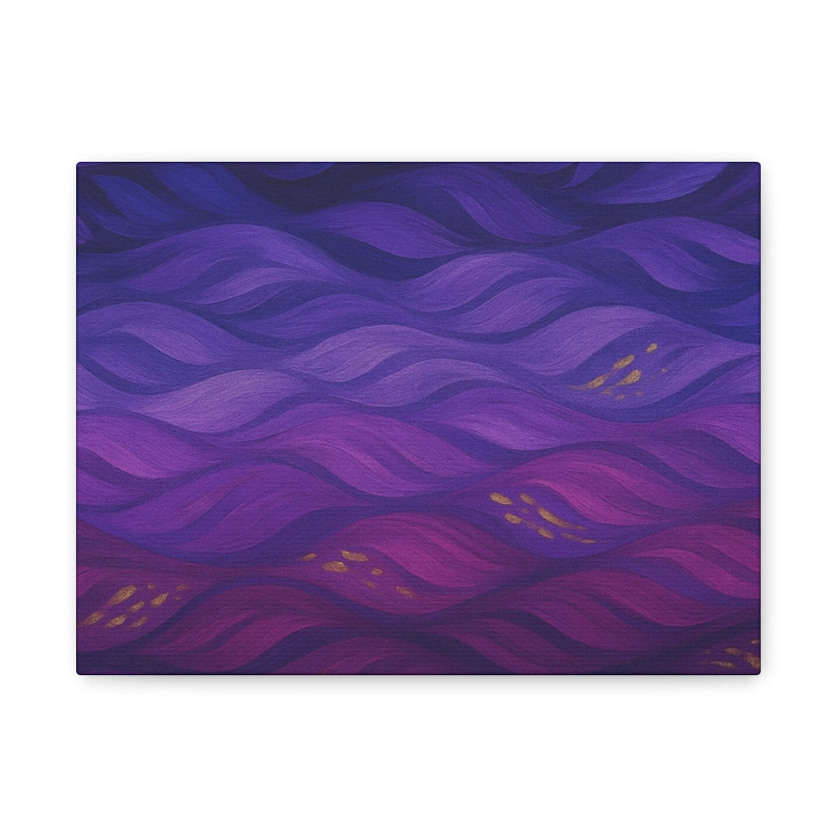 front view Abstract canvas artwork with fluid plum and violet waves, accented by soft golden highlights and layered with tonal depth