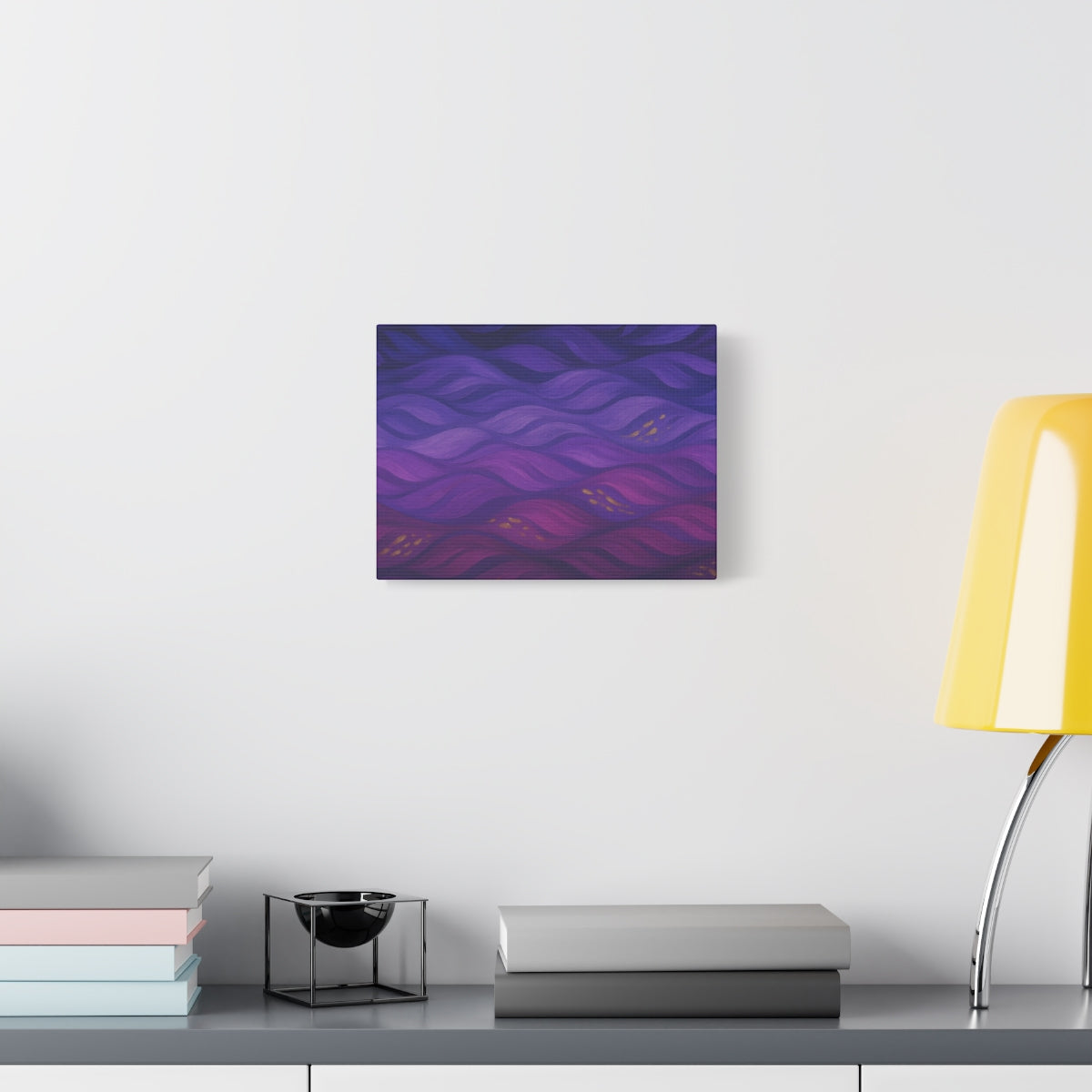 front view mockup Abstract canvas artwork with fluid plum and violet waves, accented by soft golden highlights and layered with tonal depth