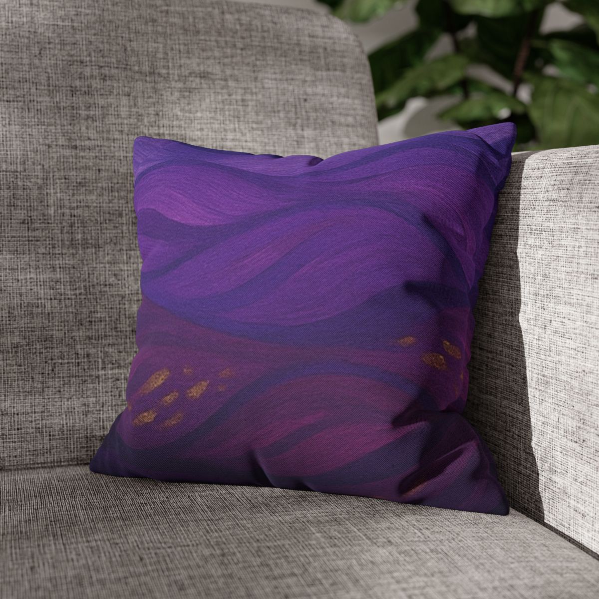 14" × 14" Abstract Wave pillowcase in Gilded Amethyst placed in the corner of a sofa