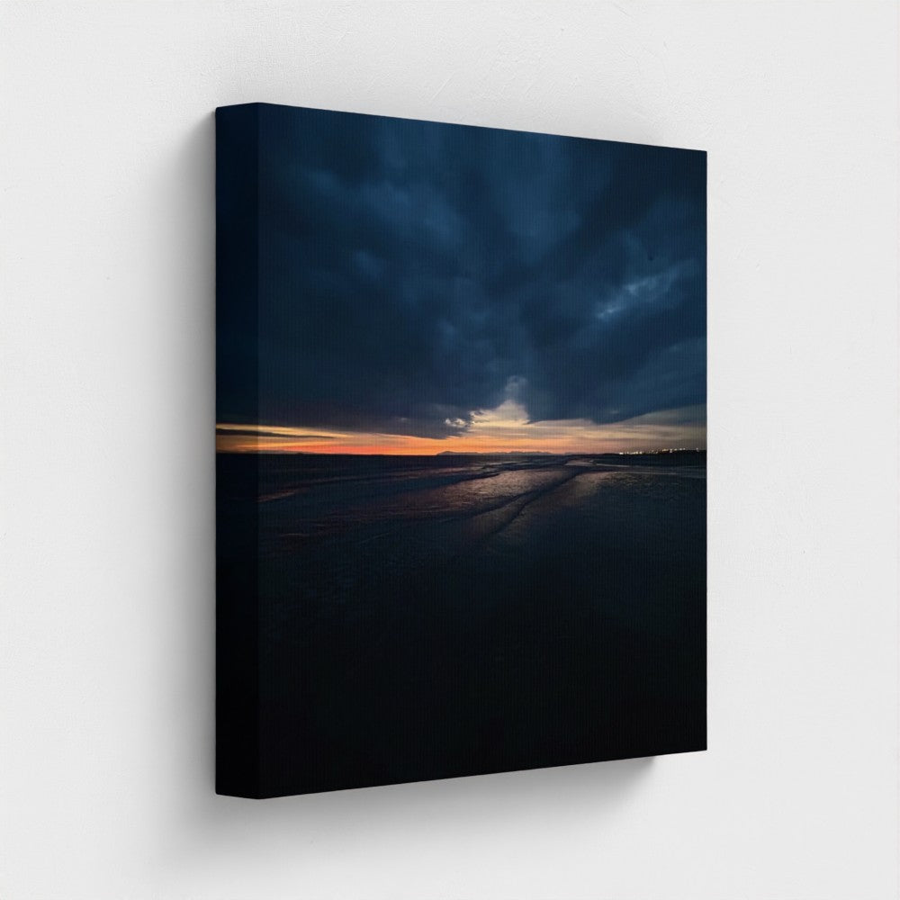 Eco Canvas Print Blackpool Beach Sunset, broad horizon with gradient sunset hues and the silhouette of a distant pier