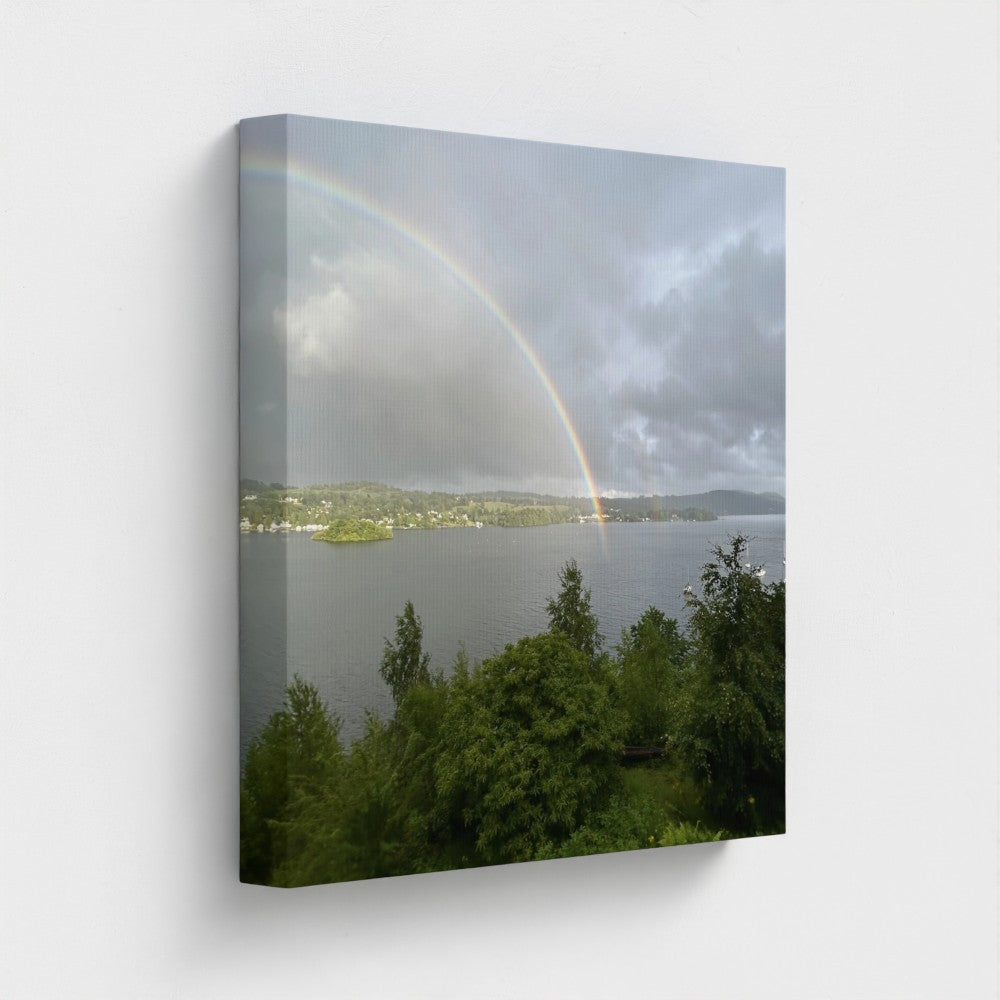 Windermere Rainbow Recycled Wall Art Lake District Landscape expanded square framing more sky drama: layered storm clouds