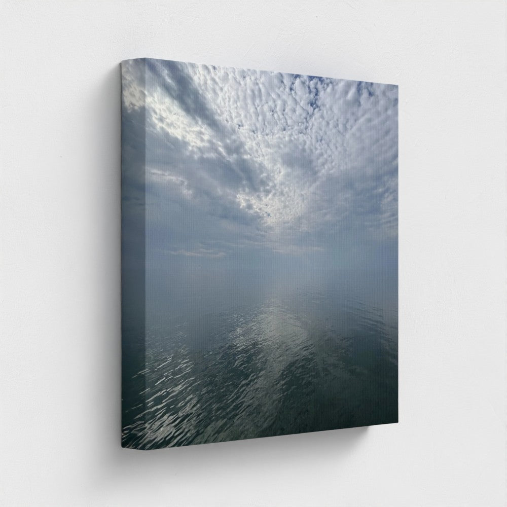Eco-friendly canvas print of Blackpool seascape with layered clouds, calm water reflections, and a distant pier under a quiet sky, size: 16''x16''