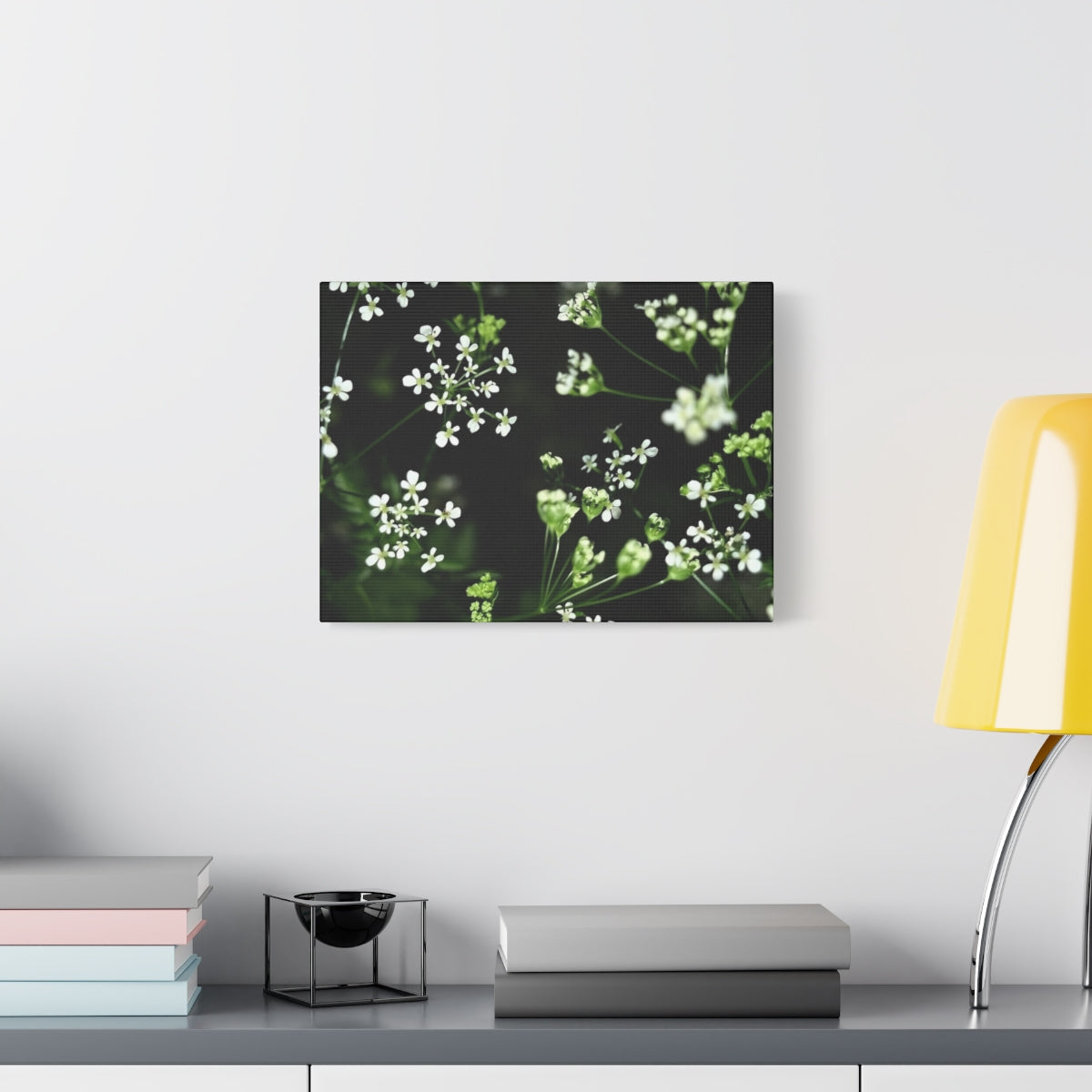 floral canvas print featuring white little flowers on black and green background size: 16''x12''