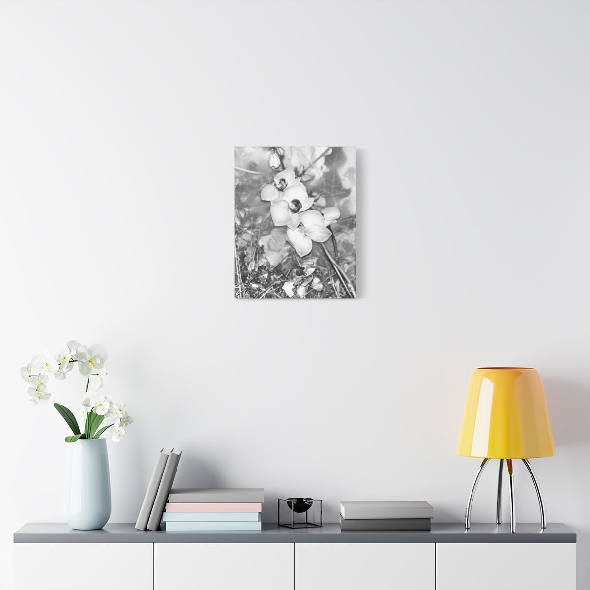 black and white canvas featuring close up of orchids, vertical, size: 16''x20''