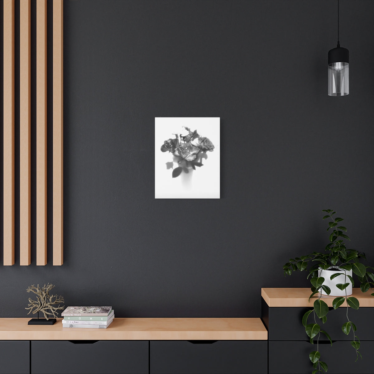 vertical black and white floral canvas print featuring roses, size: 16''x20''