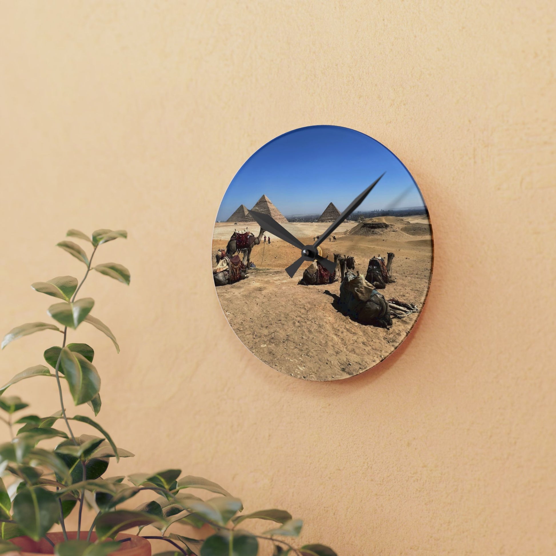 Acrylic wall clock featuring camels desert and pyramids of Giza