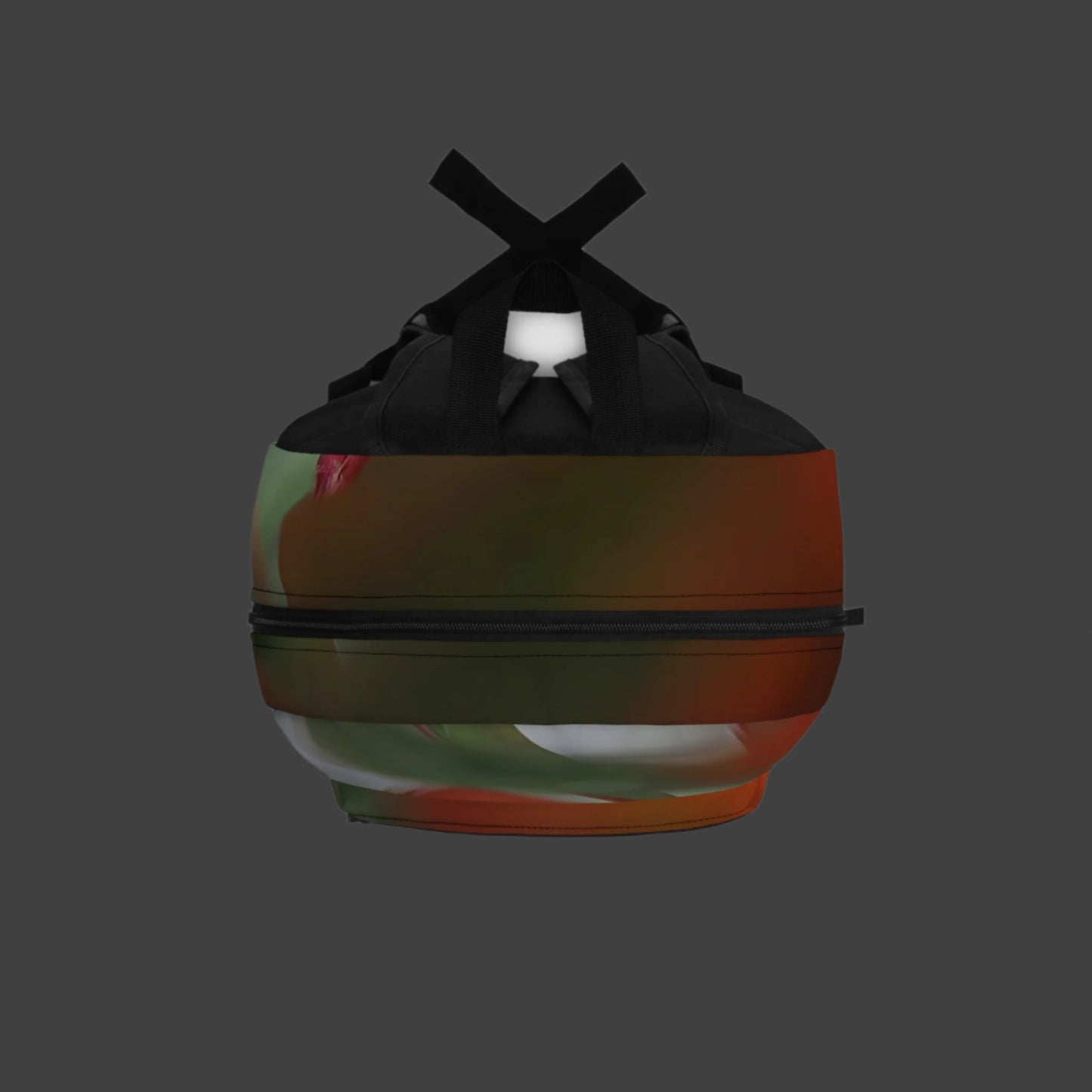 Top-down view of backpack showing colorful abstract leaves across the handle and zipper panel.