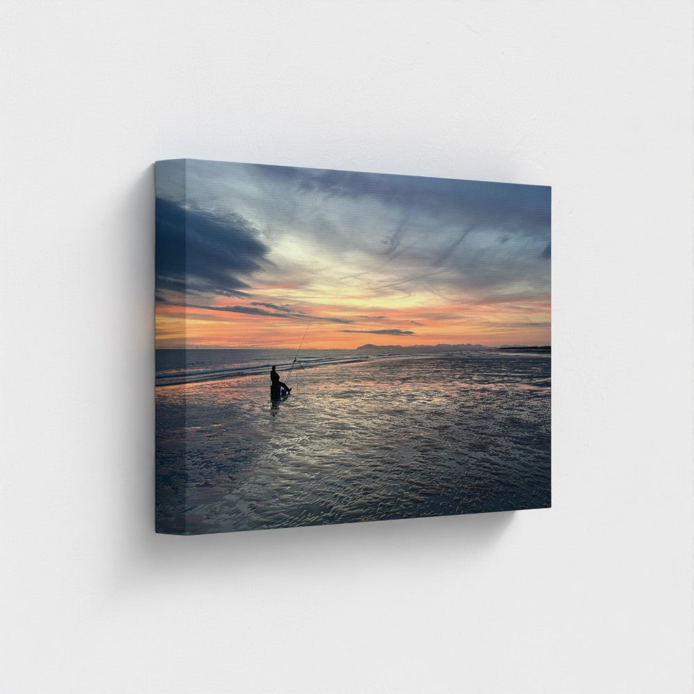 Green Wall Art Blackpool Beach Red Sunset: tall view of glowing red sky above calm sea and sandy shore