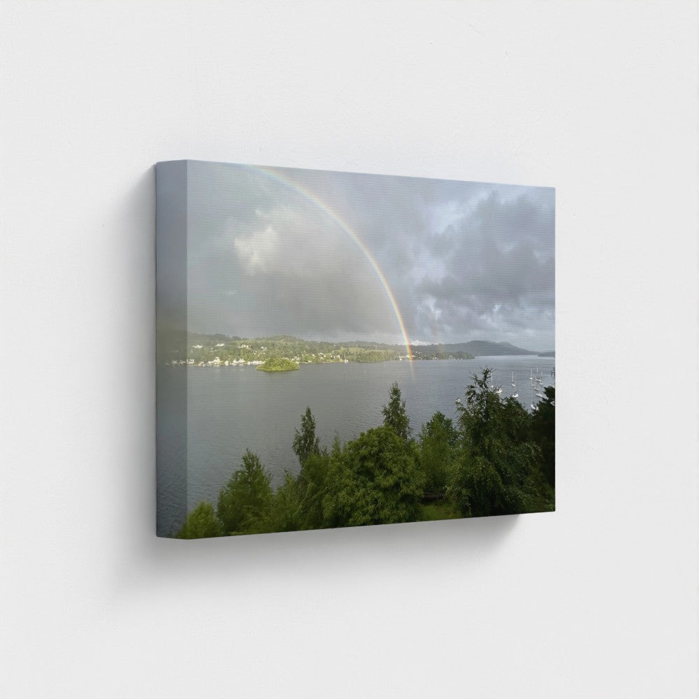 Windermere Rainbow Recycled Wall Art Lake District Landscape panoramic format emphasizing horizontal lake expanse, central islet