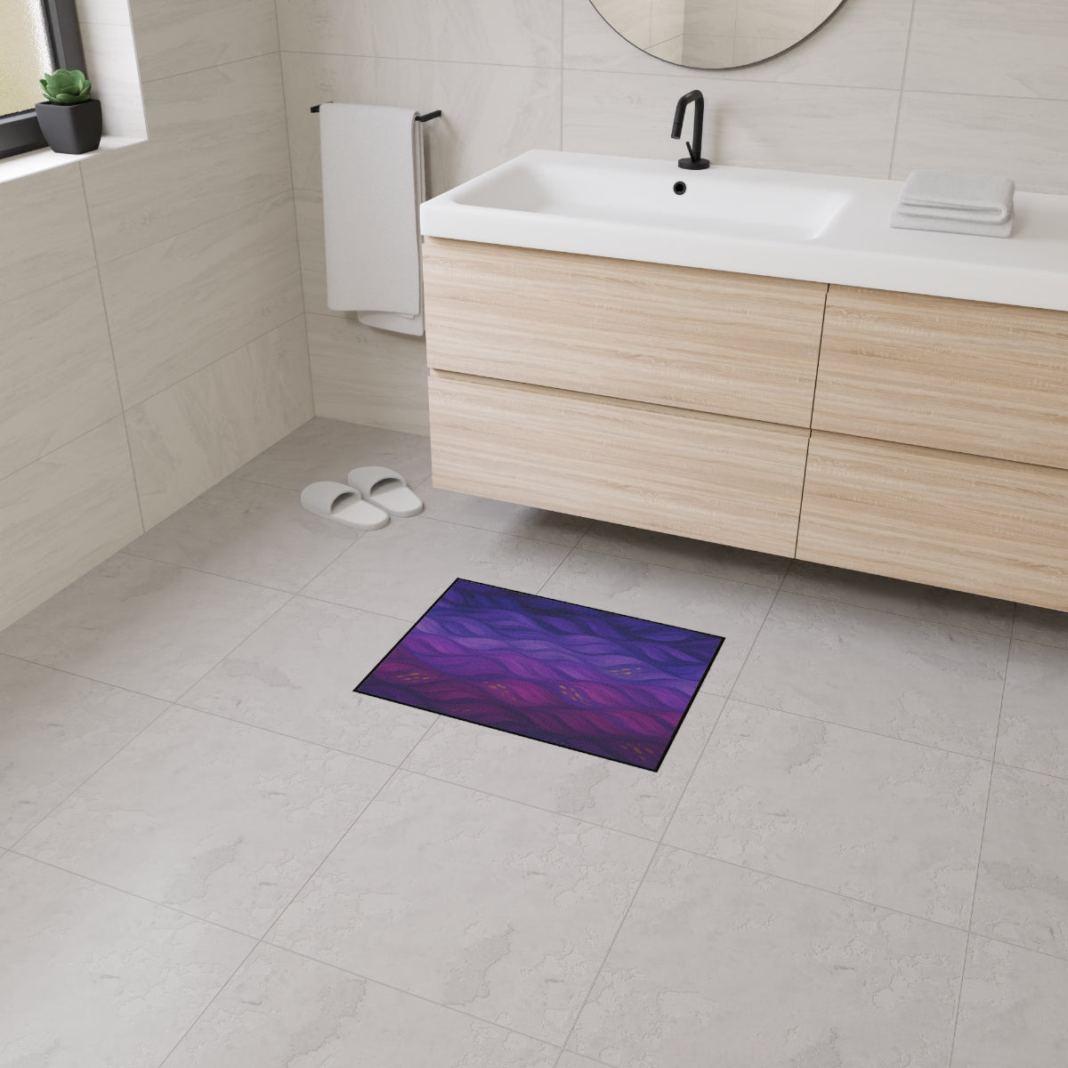 Compact heavy duty floor mat in 18x24 size with abstract waves of violet, purple, and amethyst, placed beneath a bathroom vanity on pale tile.