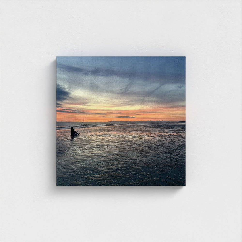 Green Wall Art Blackpool Beach Red Sunset: square print with fiery red sky and silhouetted fisherman front view
