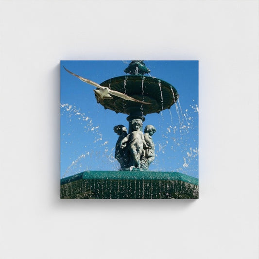 eco-friendly recycled canvas print displaying a large frontal view of a seagull soaring above an ornate fountain with water bursts