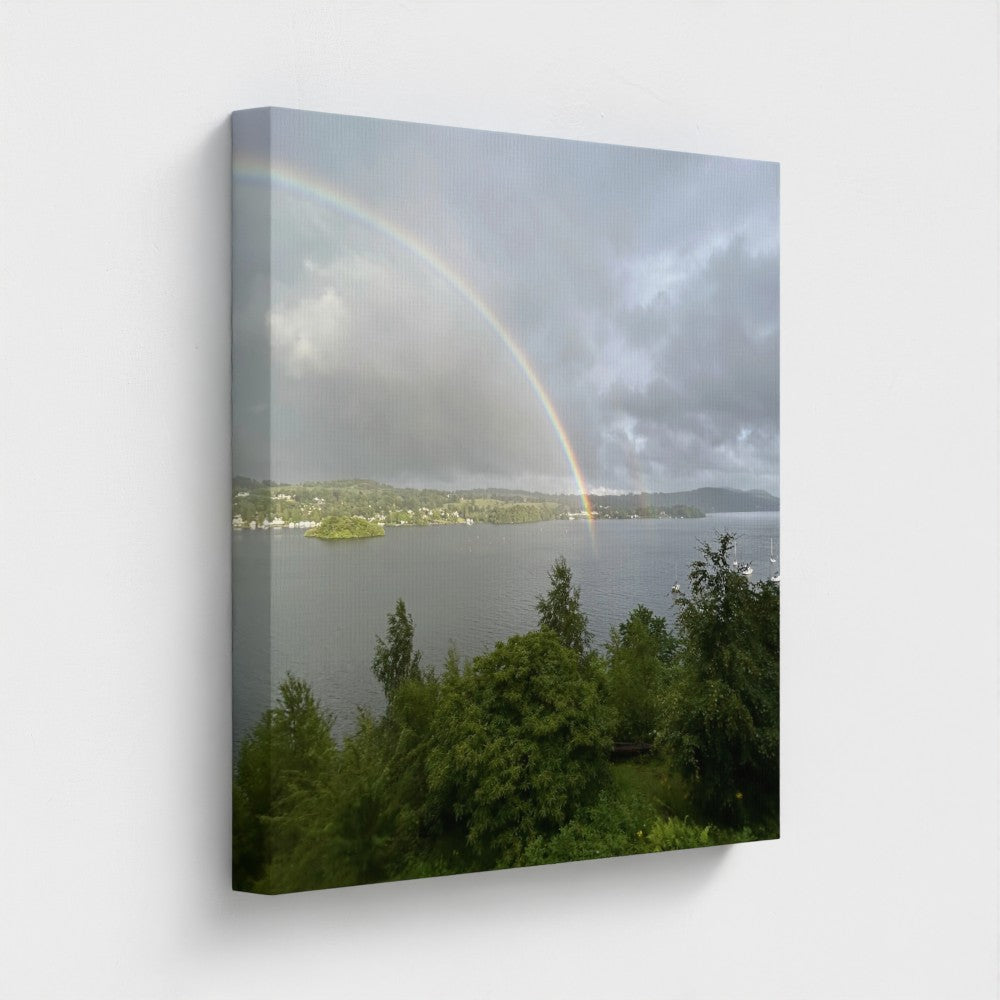 Windermere Rainbow Recycled Wall Art Lake District Landscape angled perspective saturated color arc contrasting shifting gray silver sky