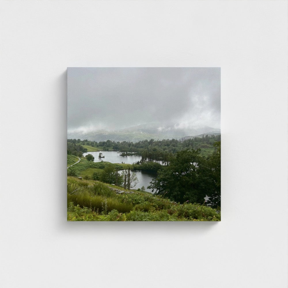 Recycled Canvas Wall Art Tarn Hows Lake District Landscape spacious square with muted silver water and soft veils of hill mist